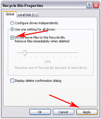 Recycle Bin Properties Screenshot