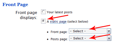 WordPress Static Frontpage options
