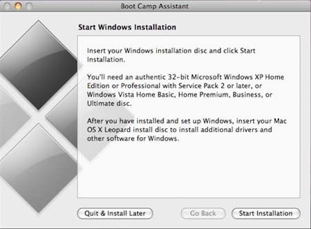 Insert your Windows Vista DVD and click Start Installation