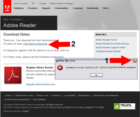 Close Adobe Error Dialog and Click the Download Link Close Adobe Error Dialog and Click the Download Link